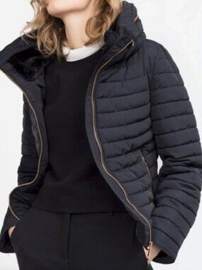 ZARA Navy Fur Collar Puffer Coat with Funnel Buckle Collar